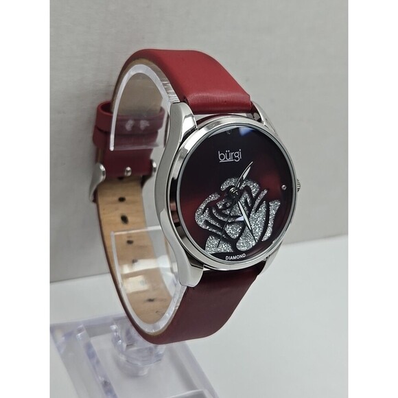 Burgi BUR189RD Womens Diamond Flower Dial Red Leather Quartz Watch New Battery main image 12